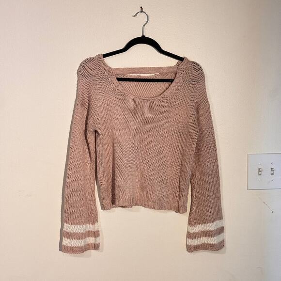 Francesca's Boho Knit Sweater - Open Back, Bell Sleeves, Striped Cuffs - Sm - Picture 4 of 6